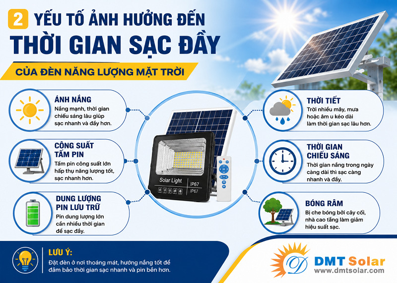 Cường độ &aacute;nh nắng mặt trời l&agrave; yếu tố quyết định đến thời gian sạc đầy pin của đ&egrave;n