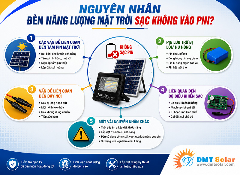 Tổng hợp nguy&ecirc;n nh&acirc;n đ&egrave;n năng lượng mặt trời sạc kh&ocirc;ng v&agrave;o pin