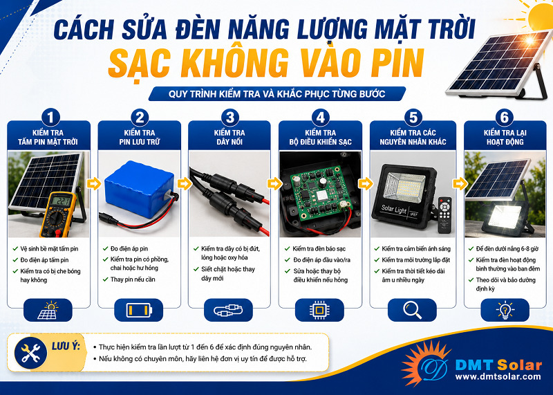 Khắc phục t&igrave;nh trạng đ&egrave;n năng lượng mặt trời kh&ocirc;ng sạc v&agrave;o pin