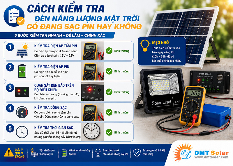 C&aacute;ch kiểm tra đ&egrave;n năng lượng mặt trời đang sạc pin