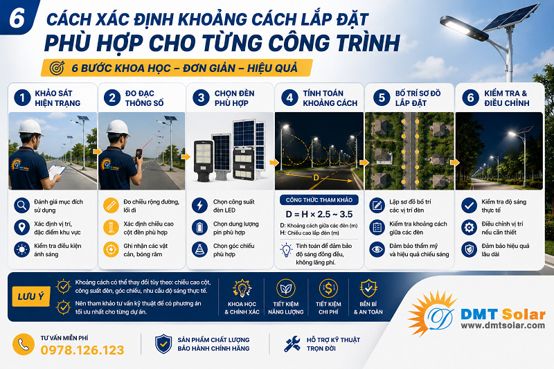 Dựa v&agrave;o chiều cao cột đ&egrave;n để x&aacute;c định khoảng c&aacute;ch lắp đặt đ&egrave;n chuẩn x&aacute;c