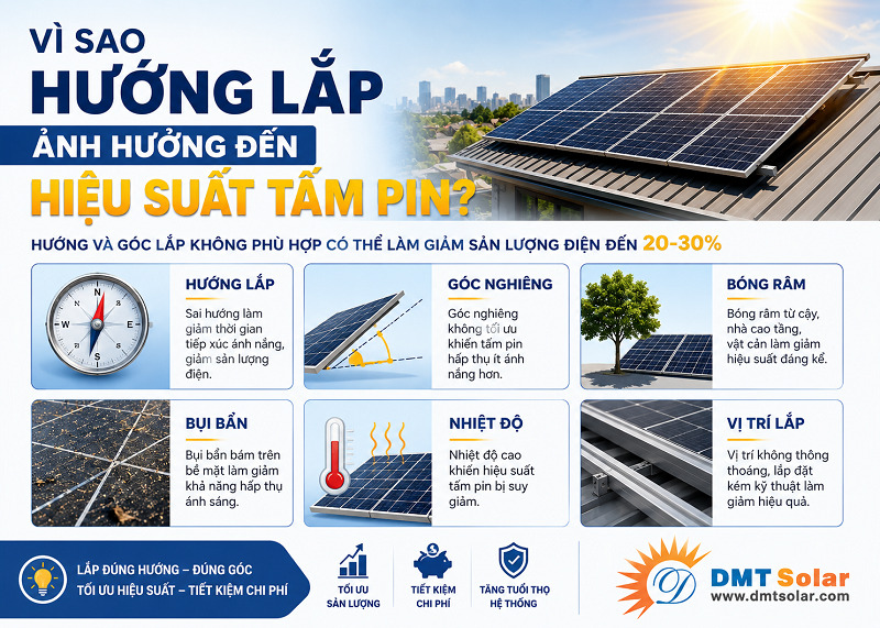 Hướng lắp tấm pin năng lượng mặt trời quyết định đến lượng bức xạ mặt trời hấp thụ
