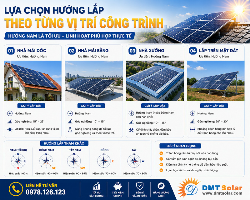 Với nh&agrave; m&aacute;i ng&oacute;i n&ecirc;n chọn hướng lắp đặt đ&egrave;n c&oacute; g&oacute;c nghi&ecirc;ng khoảng 15&deg; - 20&deg;