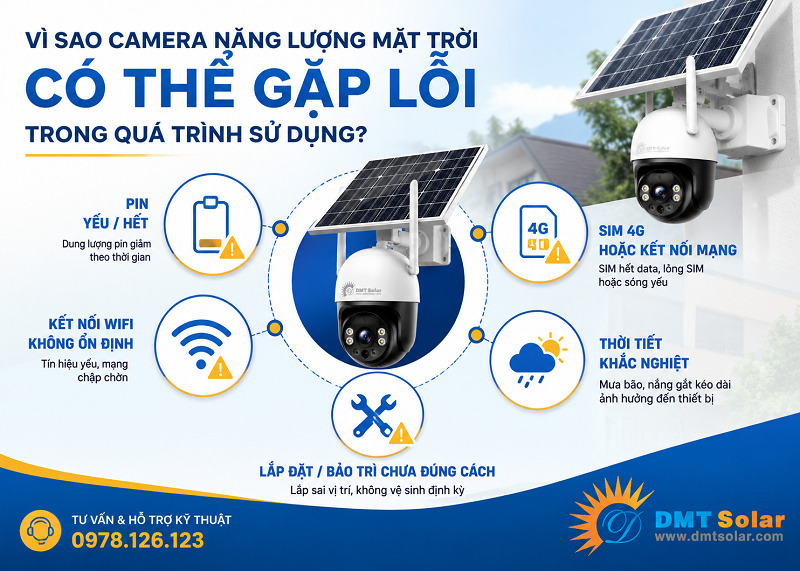 Camera năng lượng mặt trời c&oacute; thể gặp lỗi do t&aacute;c động m&ocirc;i trường v&agrave; đường truyền mạng