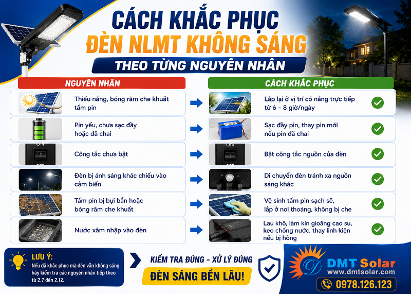 C&aacute;ch khắc phục theo từng nguy&ecirc;n nh&acirc;n đ&egrave;n NLMT kh&ocirc;ng s&aacute;ng 