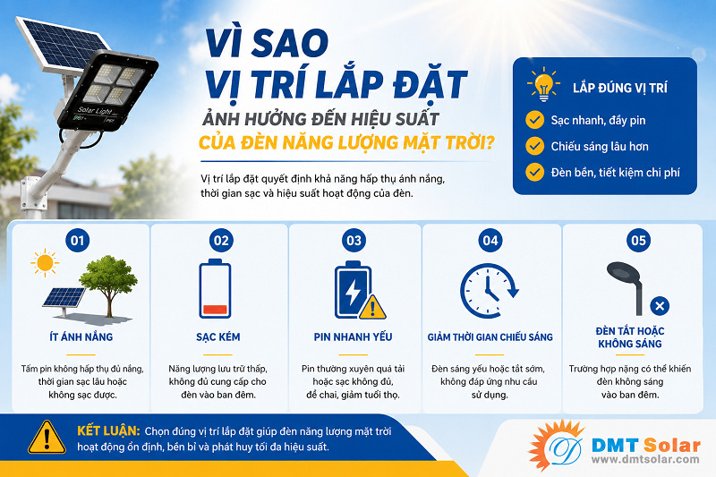 Vị tr&iacute; lắp đặt đ&egrave;n quyết định đến lượng &aacute;nh s&aacute;ng m&agrave; tấm pin c&oacute; thể hấp thụ