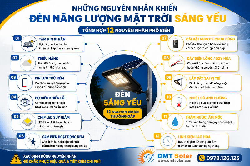 X&aacute;c định nguy&ecirc;n nh&acirc;n để biết tại sao đ&egrave;n năng lượng mặt trời s&aacute;ng yếu