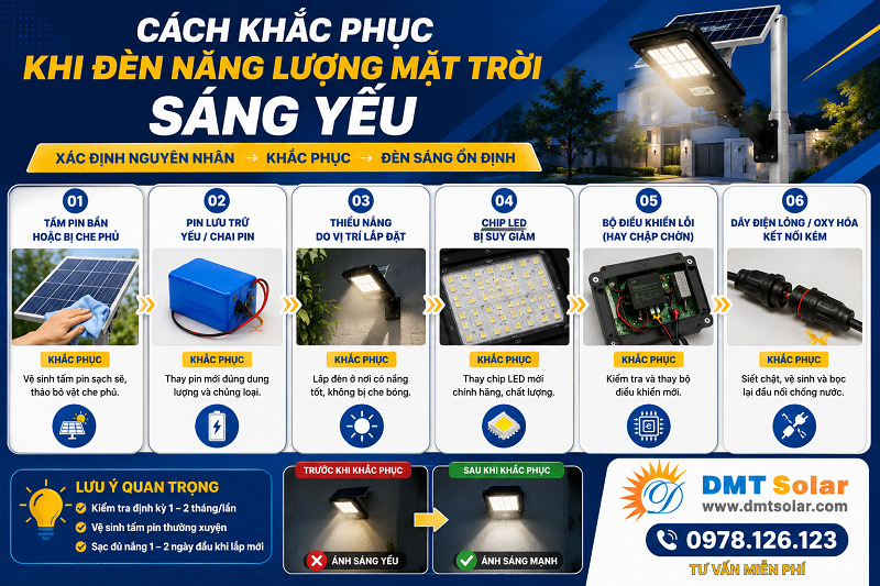 C&aacute;ch khắc phục khi đ&egrave;n năng lượng mặt trời s&aacute;ng yếu