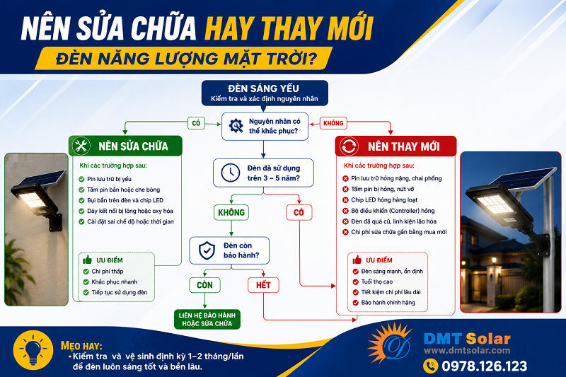 Việc đưa ra quyết định n&ecirc;n sửa chữa hoặc thay mới đ&egrave;n năng lượng mặt trời s&aacute;ng yếu c&ograve;n phụ thuộc v&agrave;o nhiều yếu tố