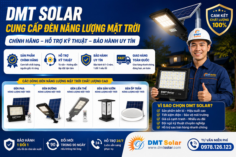 C&aacute;c sản phẩm đ&egrave;n NLMT tại DMT Solar đều cam kết bảo h&agrave;nh ch&iacute;nh h&atilde;ng từ 2-3 năm