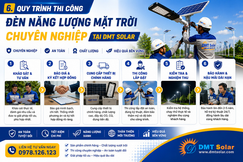 Quy tr&igrave;nh lắp đặt đ&egrave;n năng lượng mặt trời chuy&ecirc;n nghiệp tại DMT Solar