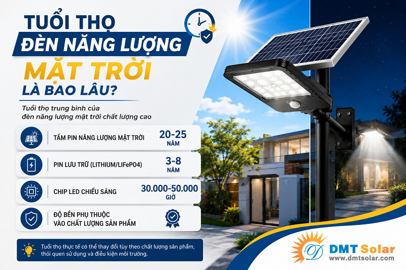 Tuổi thọ đ&egrave;n năng lượng mặt trời trung b&igrave;nh l&agrave; từ 5-7 năm hoặc hơn thế nữa