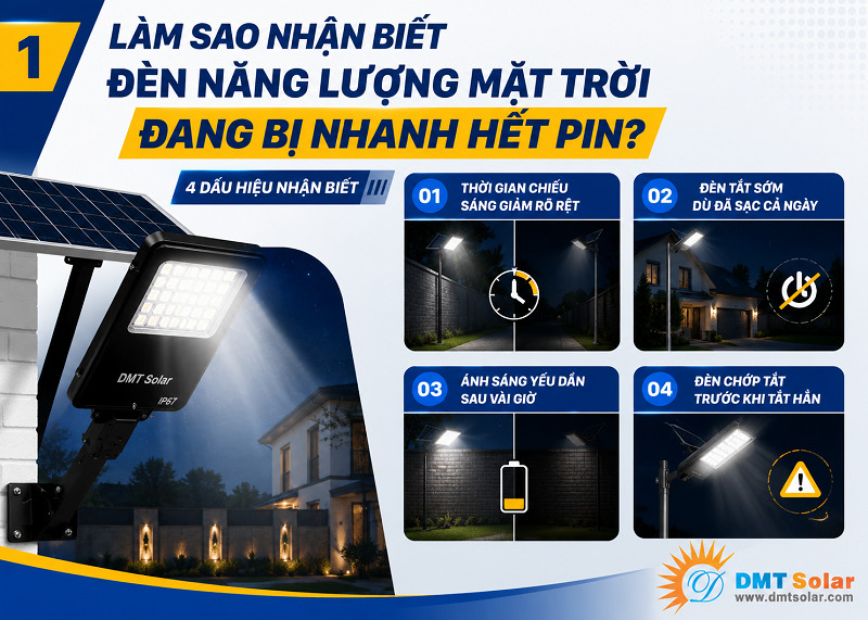 Dấu hiệu nh&acirc;n biết đ&egrave;n năng lượng mặt trời đang bị nhanh hết pin