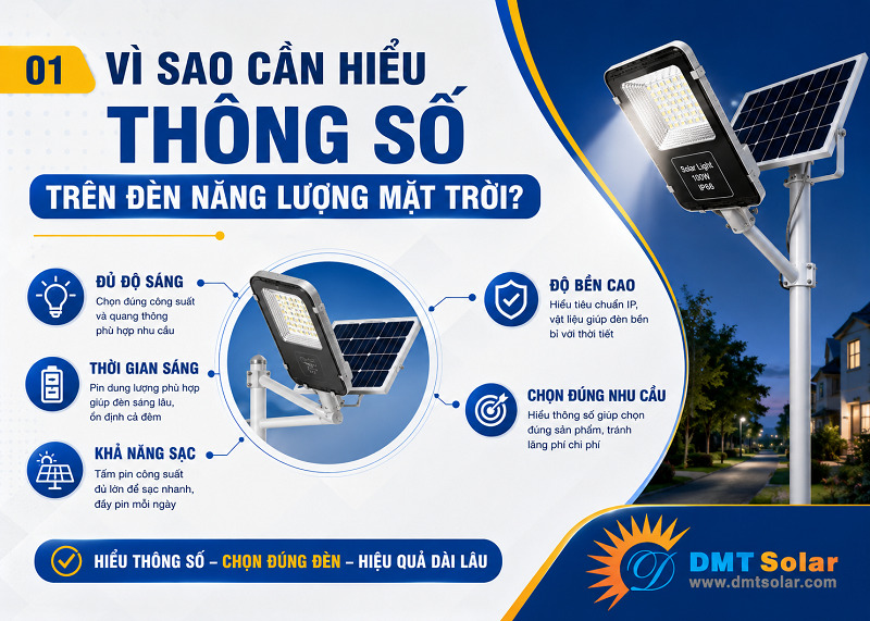 Bạn cần hiểu c&aacute;c th&ocirc;ng số tr&ecirc;n đ&egrave;n năng lượng mặt trời để lựa chọn đ&uacute;ng nhu cầu chiếu s&aacute;ng