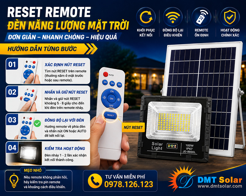 Reset remote điều khiển đ&egrave;n năng lượng mặt trời đơn giản theo hướng dẫn