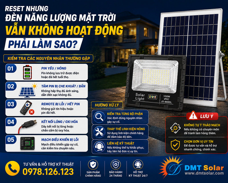 Reset nhưng đ&egrave;n năng lượng mặt trời vẫn kh&ocirc;ng hoạt động th&igrave; cần kiểm tra remote&nbsp;