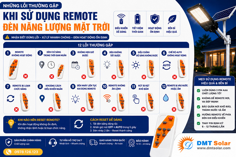 Lỗi thường gặp khi sử dụng remote đ&egrave;n năng lượng mặt trời