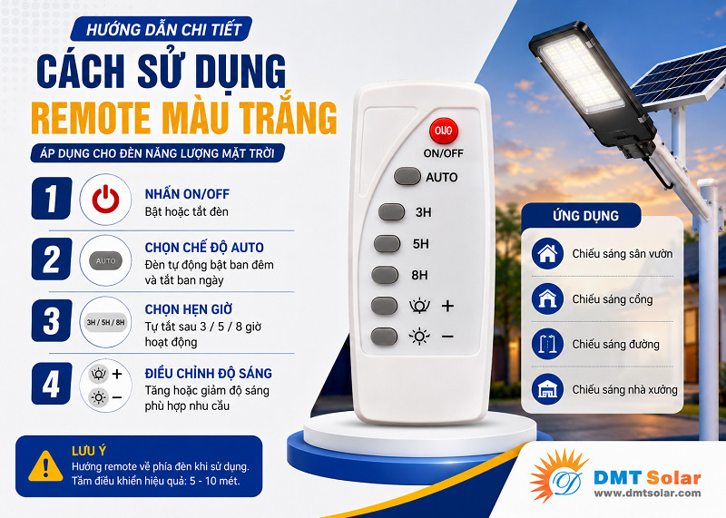 C&aacute;ch sử dụng Remote đ&egrave;n năng lượng mặt trời loại m&agrave;u trắng