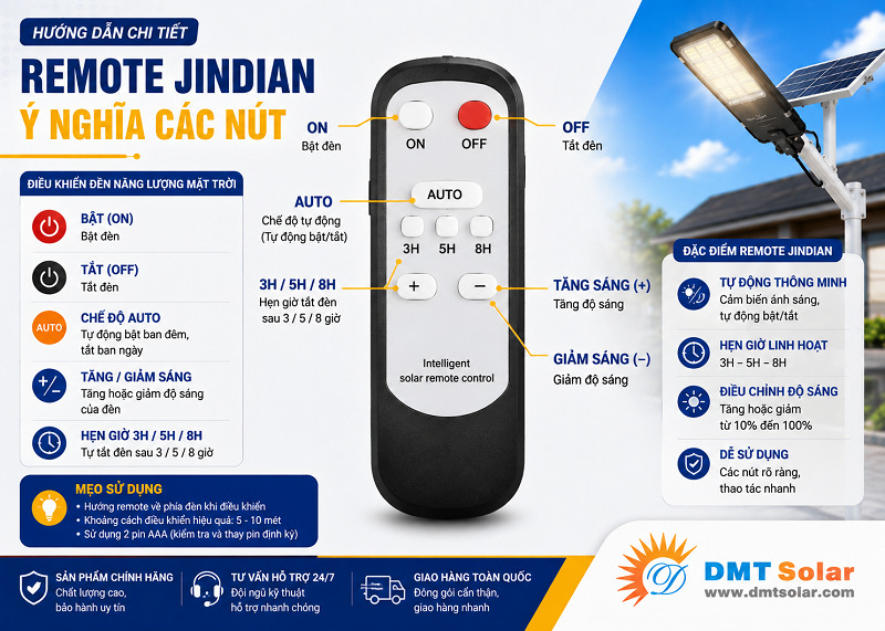 Remote điều khiển đ&egrave;n năng lượng mặt trời của thương hiệu Jindian