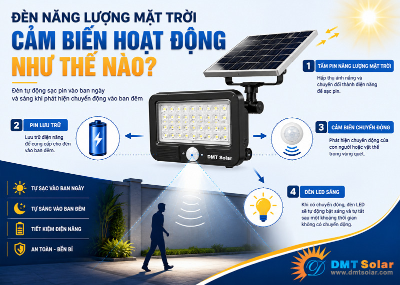 Đ&egrave;n năng lượng mặt trời cảm biến hoạt động dựa tr&ecirc;n cơ chế chuyển h&oacute;a quang năng th&agrave;nh điện năng