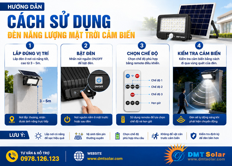 Sử dụng đ&egrave;n năng lượng mặt trời cảm biến theo c&aacute;c bước hướng dẫn