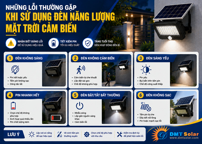 Đ&egrave;n năng lượng mặt trời cảm biến thường gặp lỗi kh&ocirc;ng s&aacute;ng v&agrave;o ban đ&ecirc;m