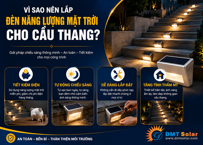 Nhờ khả năng tiết kiệm chi ph&iacute; điện, đ&egrave;n năng lượng mặt trời được lựa chọn nhiều cho cầu thang
