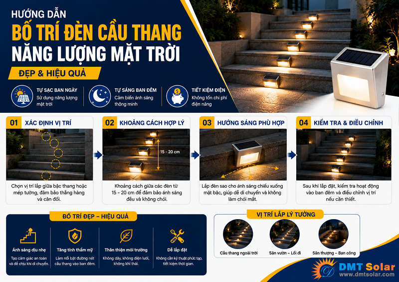 Bố tr&iacute; đ&egrave;n hai b&ecirc;n lan can tạo dải s&aacute;ng dẫn lối đẹp mắt