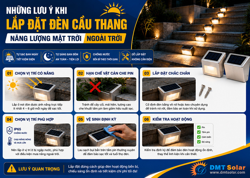 Khi lắp đặt đ&egrave;n cầu thang năng lượng mặt trời ngo&agrave;i trời cần ch&uacute; &yacute; đến vị tr&iacute; nhận &aacute;nh nắng