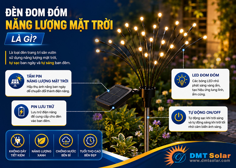 Đ&egrave;n đom đ&oacute;m năng lượng mặt trời l&agrave; thiết bị chiếu s&aacute;ng hoạt động ho&agrave;n to&agrave;n bằng &aacute;nh s&aacute;ng mặt trời