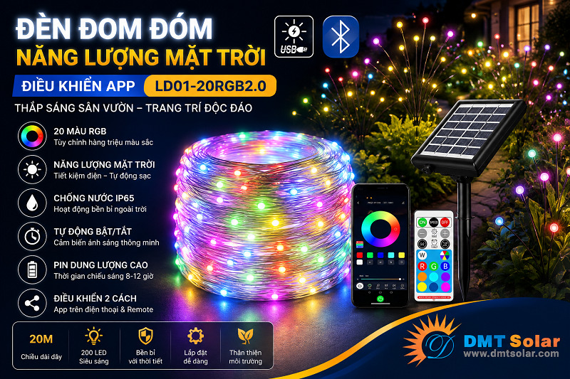 Đ&egrave;n đom đ&oacute;m năng lượng mặt trời điều khiển App DMT Solar LD01-20RGB c&oacute; chất lượng tốt