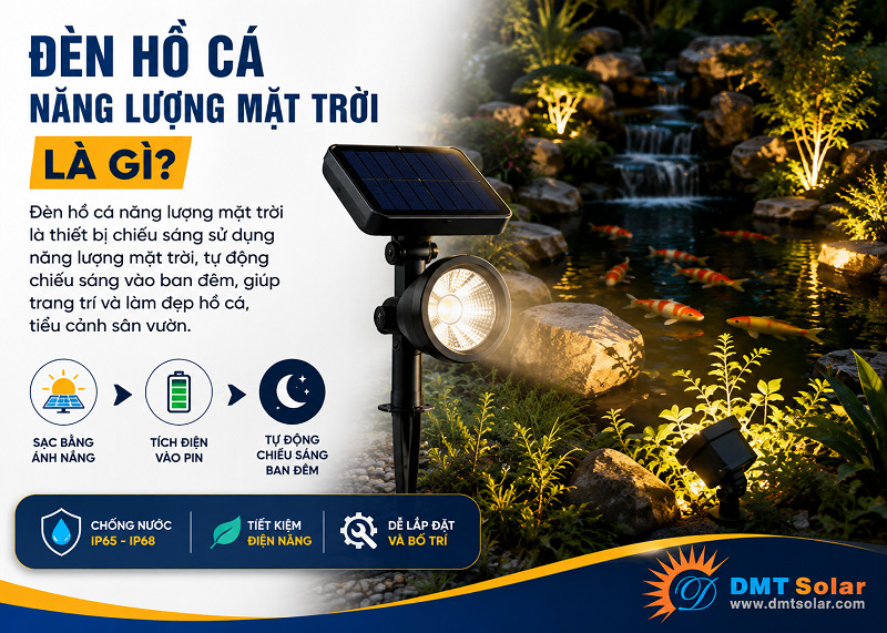 Đ&egrave;n hồ c&aacute; năng lượng mặt trời được sử dụng chuy&ecirc;n biệt cho khu vực bể c&aacute;, tiểu cảnh s&acirc;n vườn