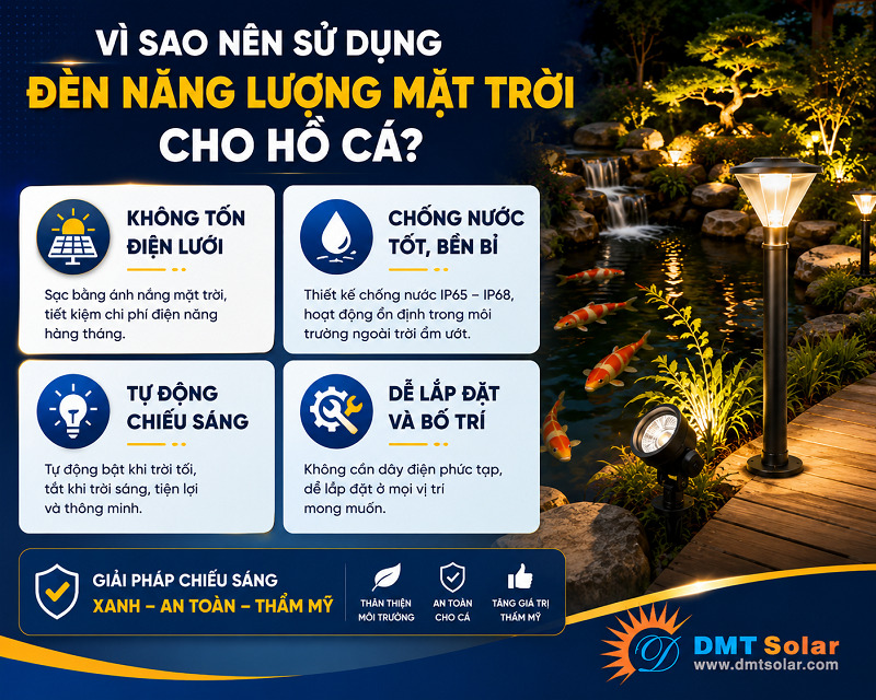 Nhờ khả năng bật/tắt th&ocirc;ng minh, bạn n&ecirc;n lựa chọn đ&egrave;n năng lượng mặt trời cho hồ c&aacute;
