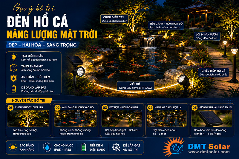 Chiếu rọi đ&egrave;n năng lượng mặt trời khu vực h&ograve;n non bộ, tạo độ đổ b&oacute;ng rực rỡ kh&ocirc;ng gian