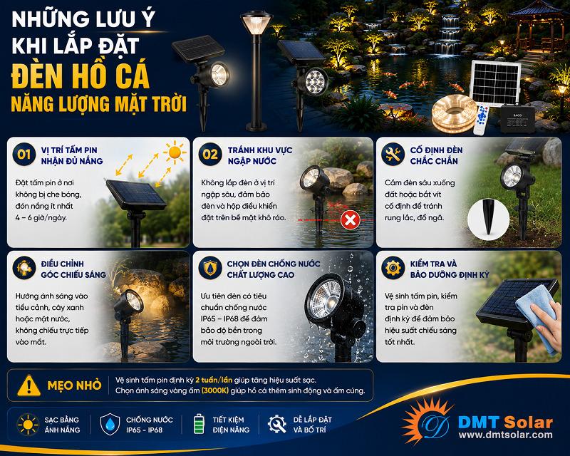 Khi lắp đặt đ&egrave;n hồ c&aacute; chạy bằng năng lượng mặt trời bạn cần ch&uacute; &yacute; vị tr&iacute; lắp đặt