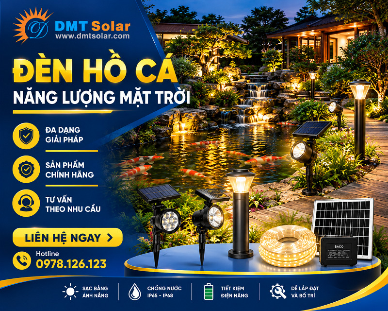 DMT Solar l&agrave; đơn vị cung cấp đ&egrave;n hồ c&aacute; năng lượng mặt trời ch&iacute;nh h&atilde;ng