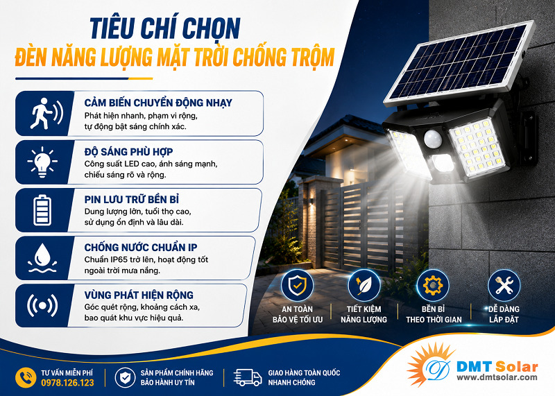 Ti&ecirc;u ch&iacute; chọn đ&egrave;n năng lượng mặt trời cảm biến chống trộm