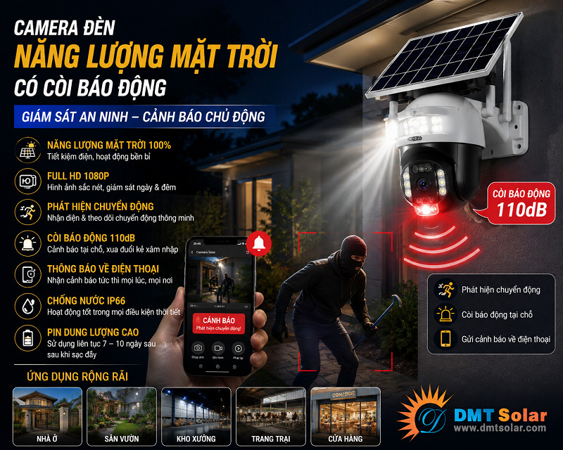Camera đ&egrave;n năng lượng mặt trời c&oacute; c&ograve;i b&aacute;o động