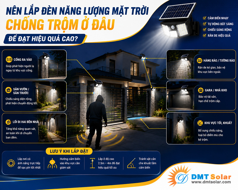 Đ&egrave;n năng lượng mặt trời chống trộm ngo&agrave;i trời lắp ở đ&acirc;u?