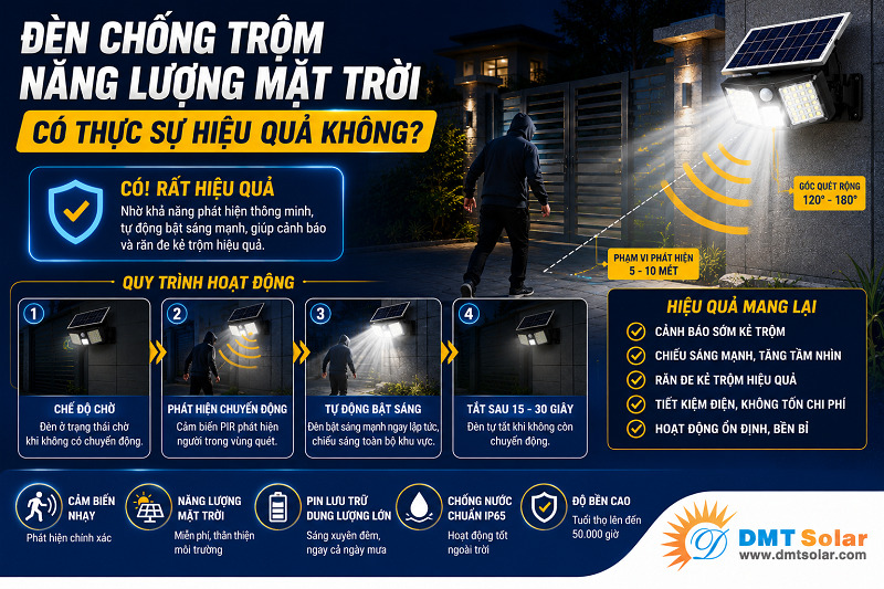 Đ&egrave;n chống trộm năng lượng mặt trời mang lại hiệu quả nhờ c&aacute;c lợi &iacute;ch vượt trội 