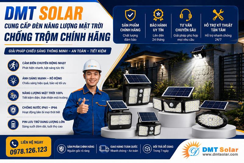 DMT Solar l&agrave; nh&agrave; ph&acirc;n phối đ&egrave;n năng lượng mặt trời chống trộm ch&iacute;nh h&atilde;ng