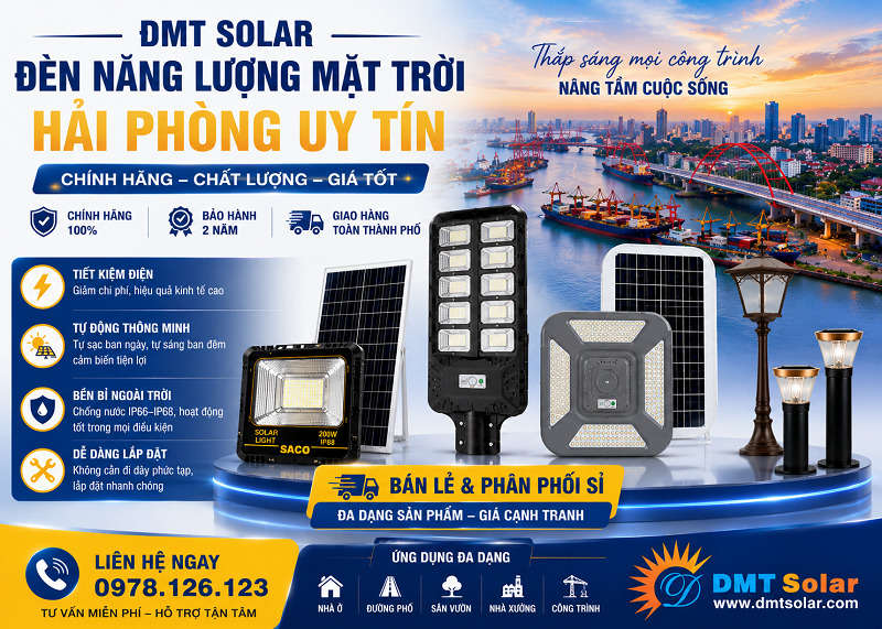DMT Solar l&agrave; địa chỉ cung cấp đ&egrave;n năng lượng mặt trời Hải Ph&ograve;ng uy t&iacute;n