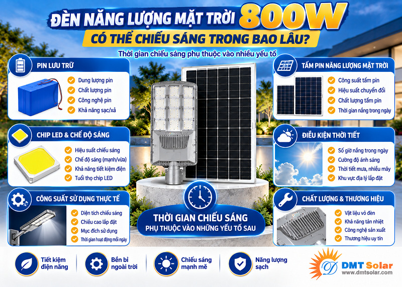 Đ&egrave;n năng lượng mặt trời th&ocirc;ng thường sẽ cho thời gian chiếu s&aacute;ng từ 10-12 tiếng sau khi được sạc đầy
