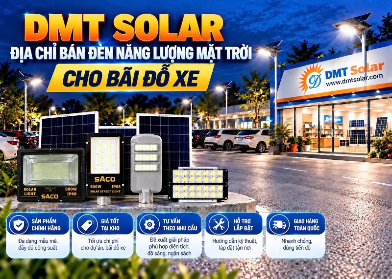 DMT Solar l&agrave; địa chỉ b&aacute;n đ&egrave;n năng lượng mặt trời cho b&atilde;i đỗ xe