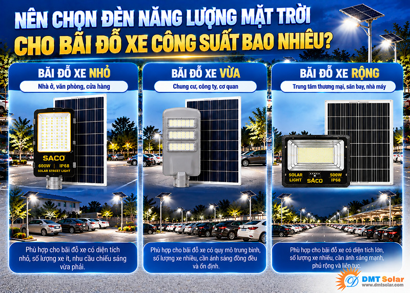 Những b&atilde;i đỗ xe thương mại n&ecirc;n chọn đ&egrave;n năng lượng mặt trời c&ocirc;ng suất 400W - 500W