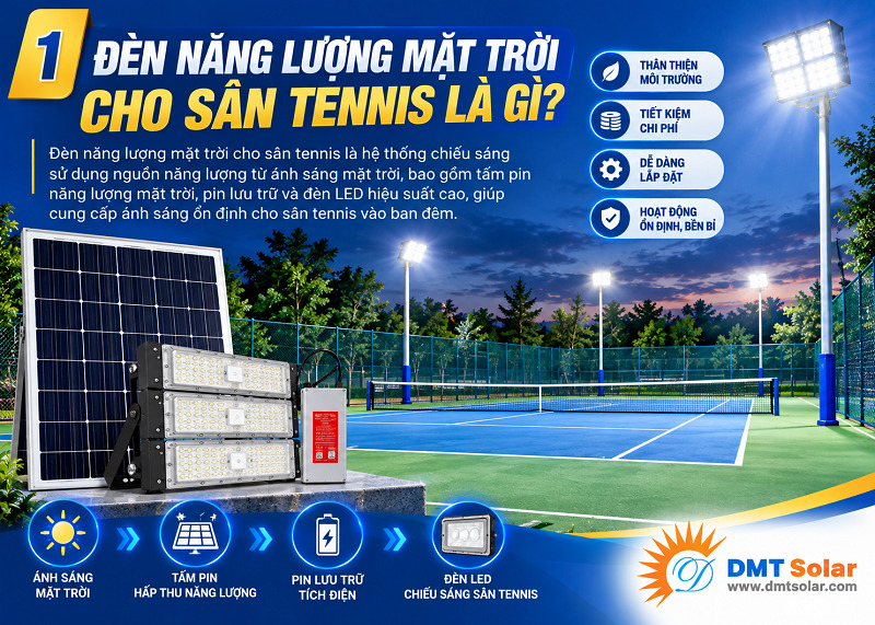 Đ&egrave;n năng lượng mặt trời sử dụng c&aacute;c tấm pin mặt trời, chiếu s&aacute;ng chuy&ecirc;n dụng cho s&acirc;n tennis