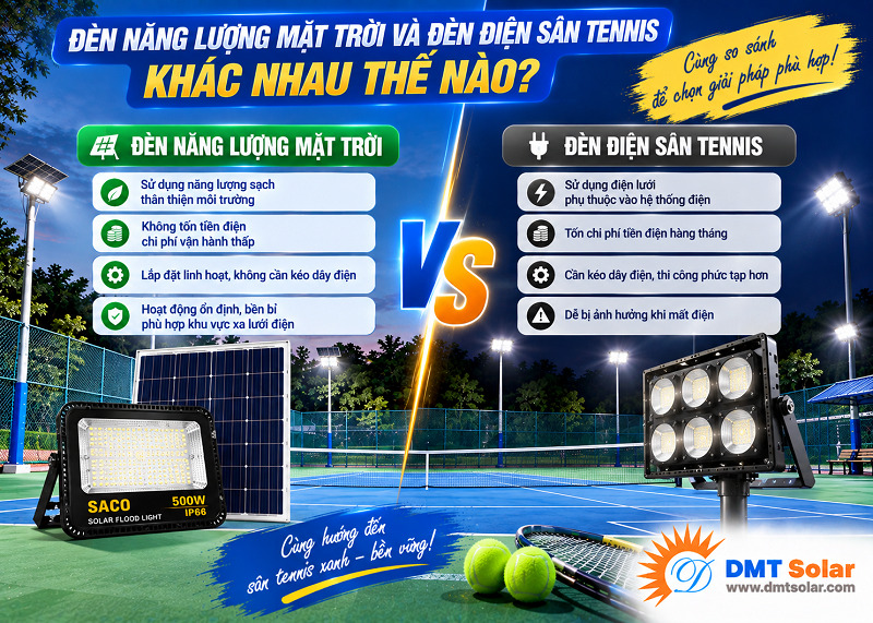 Đ&egrave;n năng lượng mặt trời v&agrave; đ&egrave;n điện s&acirc;n tennis c&oacute; nhiều điểm kh&aacute;c nhau