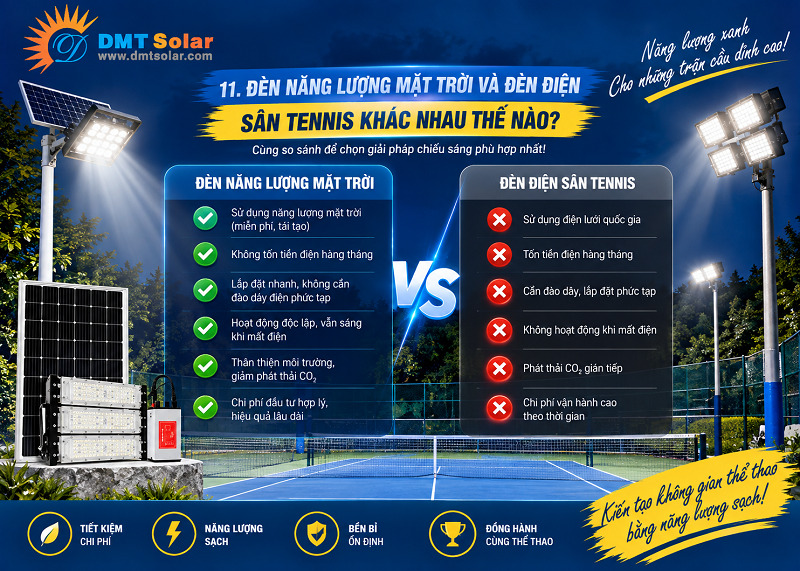 Đ&egrave;n năng lượng mặt trời v&agrave; đ&egrave;n điện s&acirc;n tennis c&oacute; nhiều điểm kh&aacute;c nhau