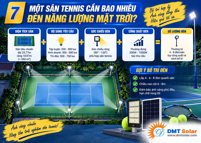 Đối với s&acirc;n tennis ti&ecirc;u chuẩn, cần &iacute;t nhất 4 - 8 bộ đ&egrave;n năng lượng mặt trời