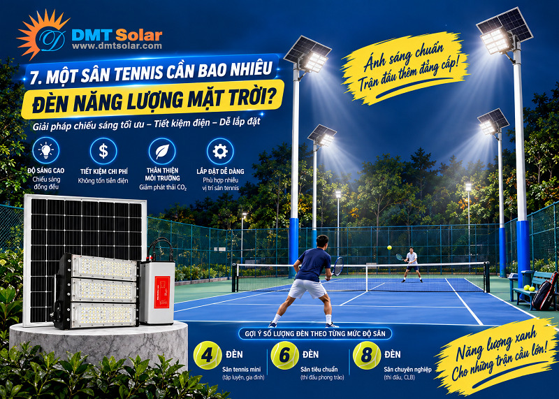 Đối với s&acirc;n tennis ti&ecirc;u chuẩn, cần &iacute;t nhất 4 - 8 bộ đ&egrave;n năng lượng mặt trời